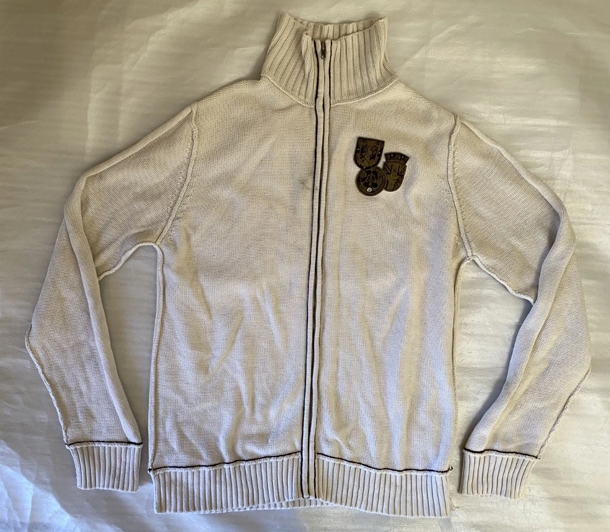 Guess Men's Zip Up Sweater XXL Cream Embroidered Patches Vintage Mock Neck