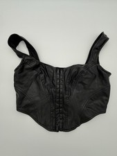 Black Faux Leather Corset Small Strap Bustier Hook Eye Front Edgy Goth Grunge