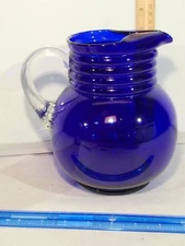 Vintage COBALT BLUE Glass PITCHER Ribbed Applied Handle 7.5" Imperial Glass Co