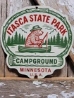 VINTAGE CAMPGROUND PORCELAIN SIGN OLD ITASCA STATE PARK MINNESOTA BEAR FISHING
