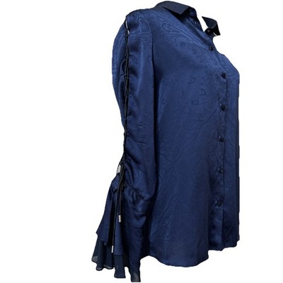 Jonathan Simkhai Blouse M Sexy Modern Laced Up Sleeves Navy Blue Silk EUC