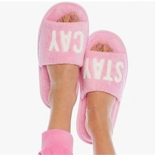 Mud Pie Pink White Terry Cloth Slide Slippers 'STAY CAY' Spellout 9