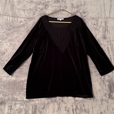 Rose + Olive Top Womens Size 2X Black Velvet Sheer Lace Stretch Soft Mature