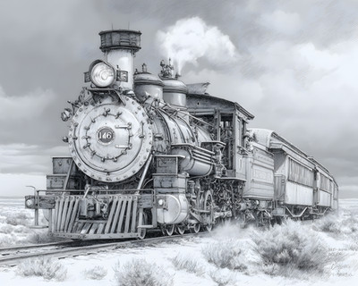 Detailed Pencil Drawing of a Classic Steam Passenger Train Print - 904756460