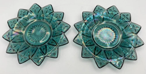 2 Vintage Federal Glass Teal Blue Green 12 Point Petal Pattern 6.5” Plates RARE