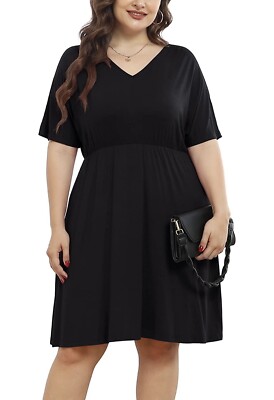 Women's Plus Size V Neck Mid Dresses Casual Pleated Flowy Swing Soft XXL |  eBay