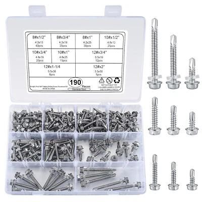 WUGONGSHAN 190 Pcs Self Drilling Screws with Hex Washer Head, M4.2/M4.8/M5.5 410 Stainless