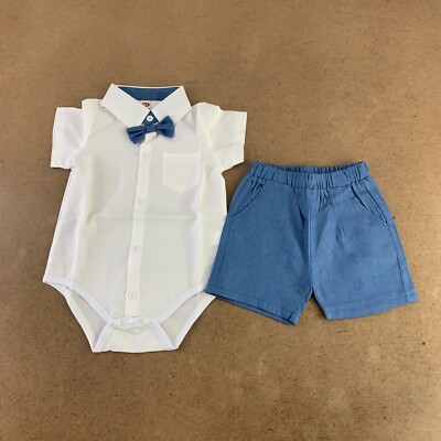 Tem Doger Toddler Size 2T Blue White 2 Piece Dress Shirt Bowtie & Shorts Set New