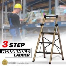 [FOLDABLE TOOL TRAY] 4ft/3-Step Aluminum A-Frame Folding Ladder w/Anti-Slip Feet