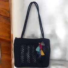 The Sak Shoulder Bag Navy Crochet Overlay Gold Dual Handle Top Zip Tassel Purse