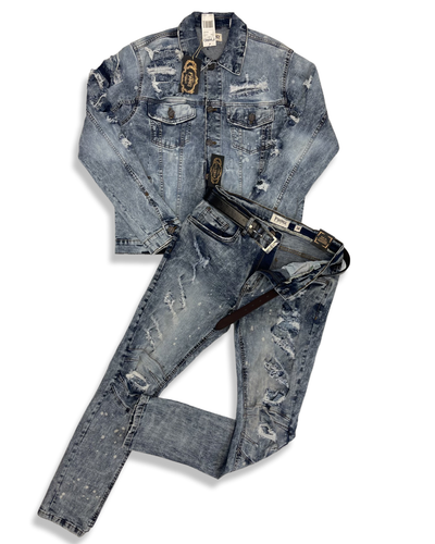 Mens 2PC Biker Casual Jeans Outfit Hip 