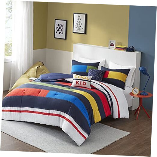 100% Cotton Comforter Set-Fun Print and Vibrant Color Modern Twin Strip Multi