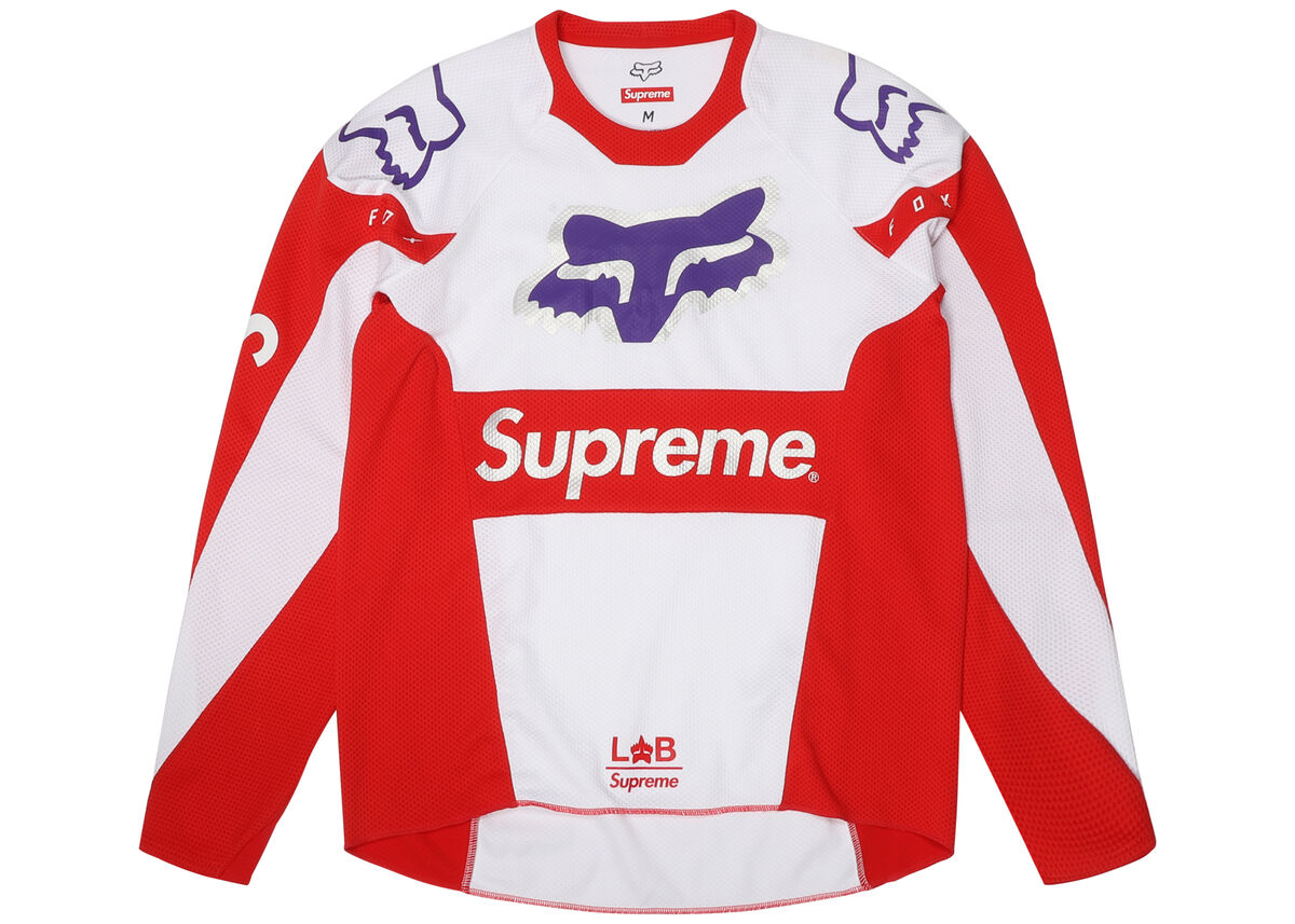 NEW Supreme Fox Racing Moto Jersey Top White Red SS18 Size NEW Supreme Fox Racing Moto Jersey Top White Red SS18 Size