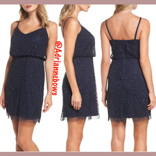 NEW Adrianna Papell Sequin Mesh Blouson Dress Navy/Black SZ 10   N171