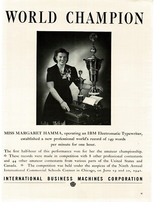 1941 IBM Electromatic Typewriter Margaret Hama World Champion Vintage Print Ad