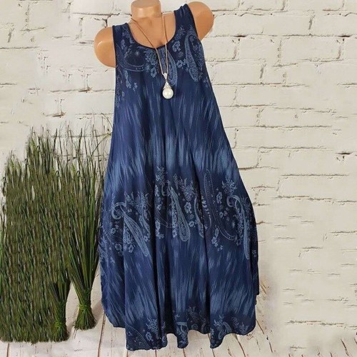 Ladies Plus-Sizes Summer Beach Boho Sundress Holiday Print Baggy Long Midi Dress - Picture 13 of 17