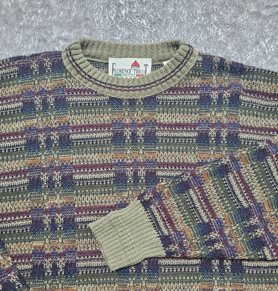 复古 Florence Tricot 毛衣条纹圆领男式中号意大利 — 第 2/4 张图片