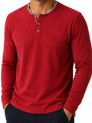 Tom Tailor Men Size M Red Long Sleeve Henley Shirt in Excellent Condition