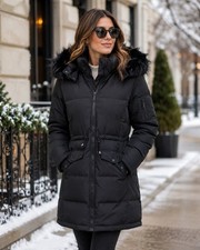 Women  s XXL Black Hooded Puffer Parka Faux Fur Trim Winter Coat Long Jacket