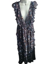 Mac Duggal Ieena Black Ruffled Floral Print Cap Sleeve Gown Size 10