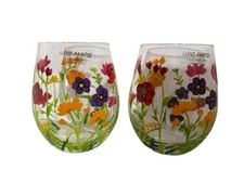 Handpainted Floral Stemless Wine Glasses - Set of 2