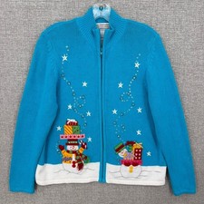 Tiara International Christmas Snowman Zip Cardigan Women L Teal Blue Kitsch