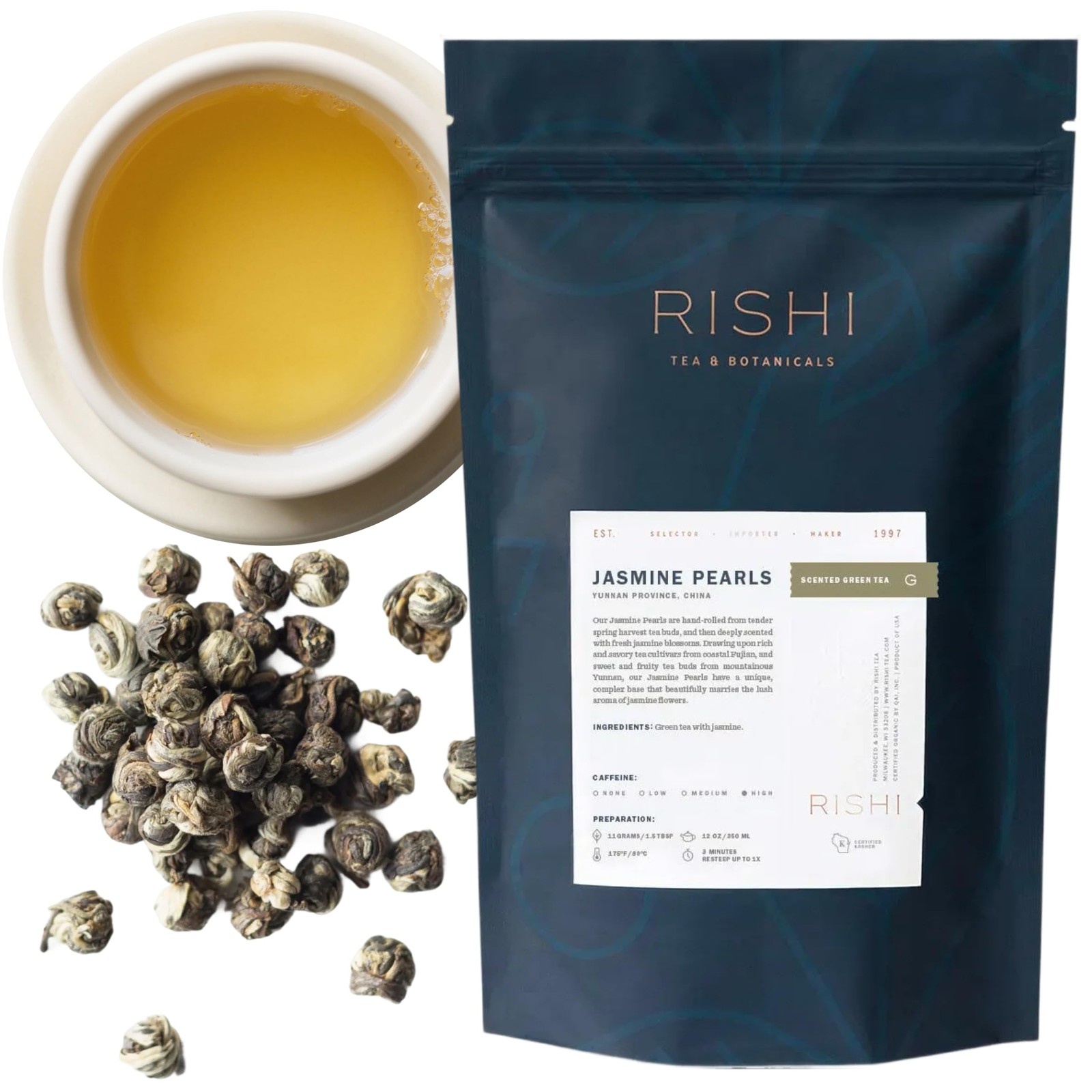 Jasmine Pearls Green Tea  Caffeinated Loose Leaf, Handrolled