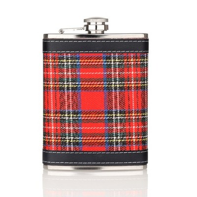 Schottischer Royal Stuart Tartan Flachmann aus Edelstahl mit schwarzen Applikati