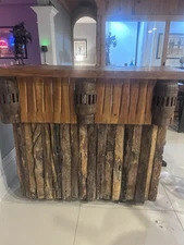 Rustic Teak Wood Bar Set with 3 Swivel Stools – Indoor Pub Furniture