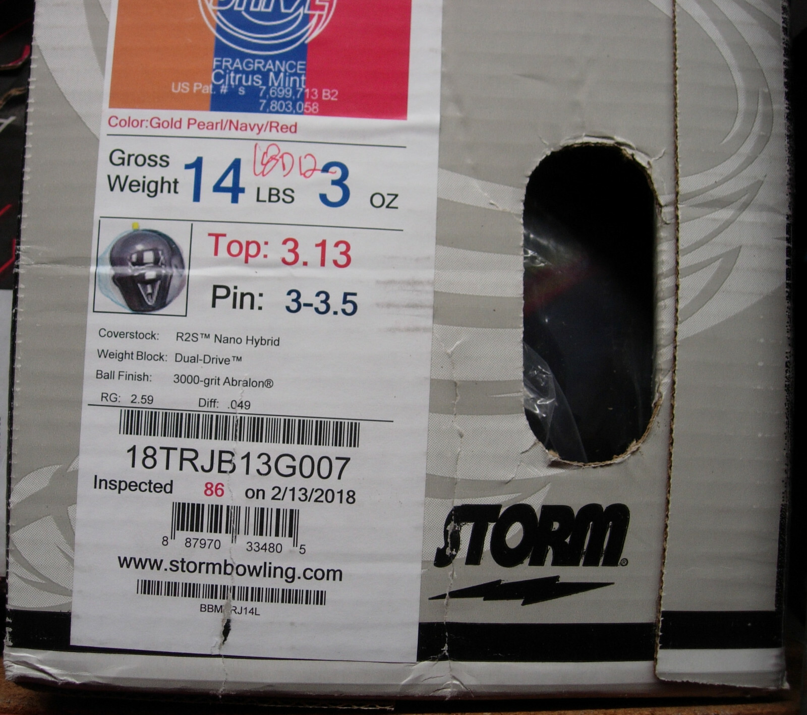 g5 BELMO USA 14# 3 oz TW 3.13 Pin 3-3.5 NIB Storm 2018 DRIVE Bowling Ball BELMO