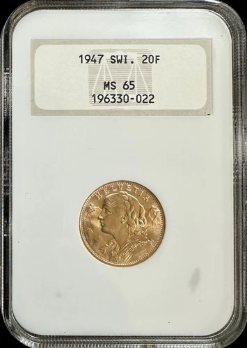 1947B Switzerland 20 Francs Gold Coin NGC MS 65