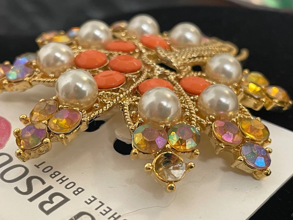 Broche vintage de diamantes de imitación de oro citrino perla BISOU BISOU MICHELE BOHBOT de 2,5” NUEVO EN STOCK Foto 3 de 4