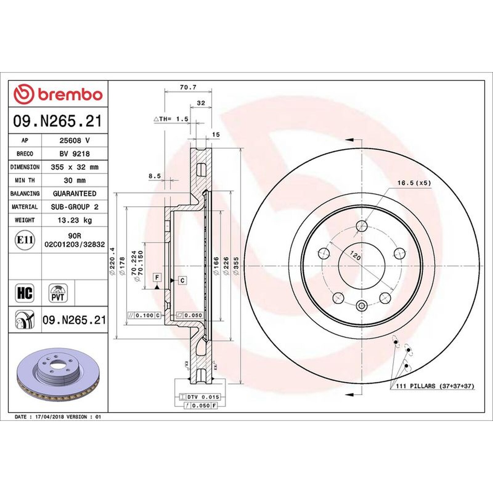 Brembo Prime UV Coated Vented Brake Disc - 09.N265.21 For Tesla - OE Quality