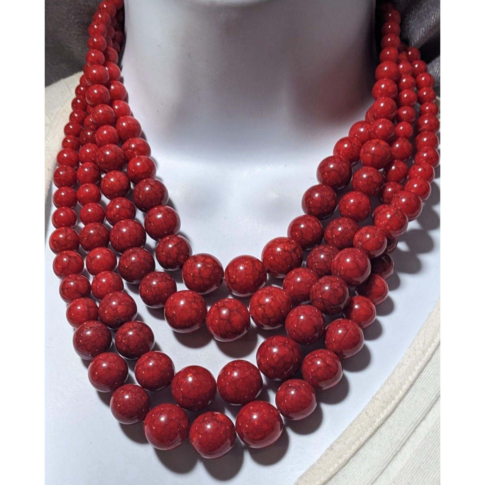 Red Marbled Multilayer Statement Necklace - image 7