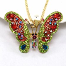 Fashion Color Rhinestone Butterfly Crystal Pendant Sweater Women Necklace