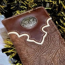 Longhorn Western Wallet Steerhead Bifold tooled look faux leather Brown