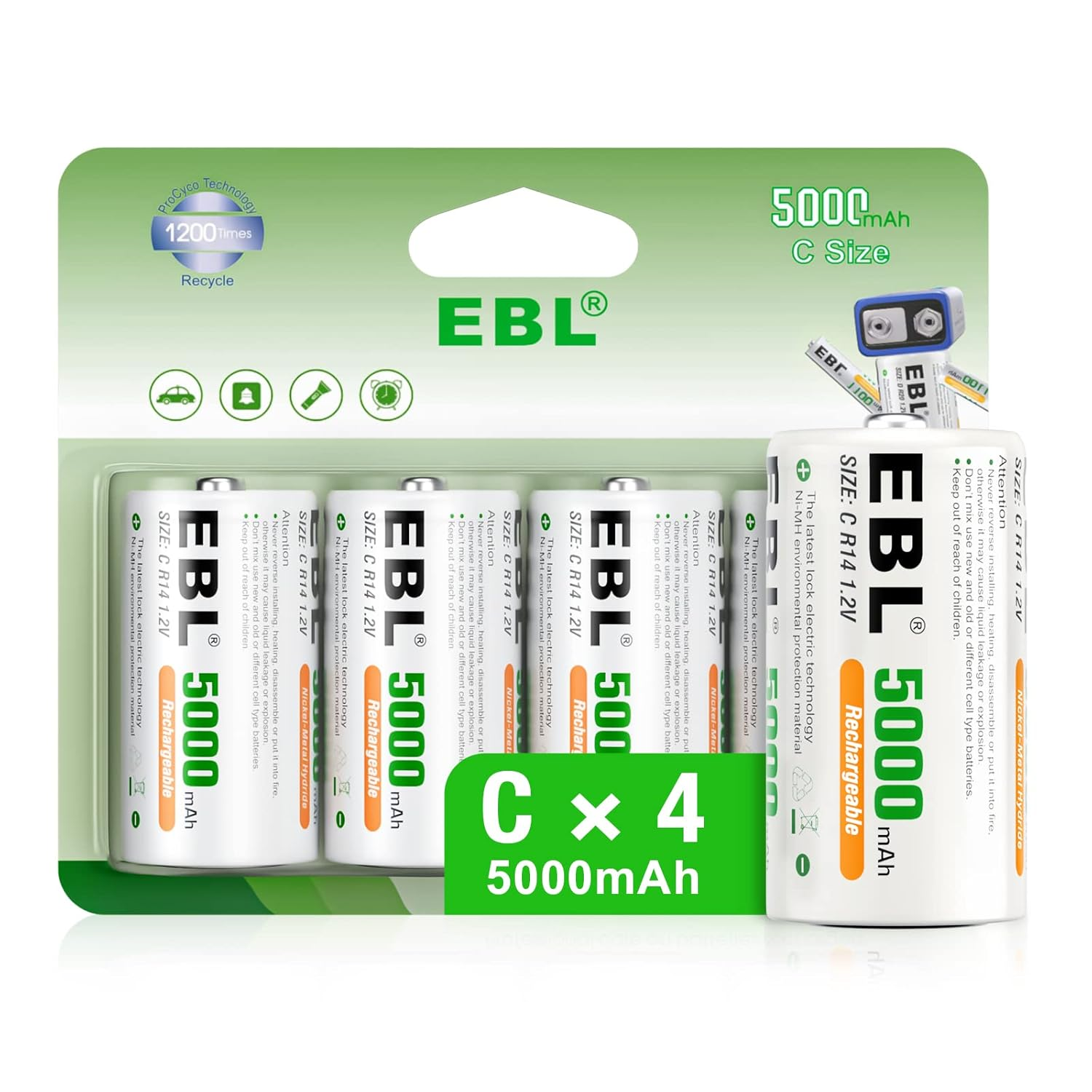 Rechargeable C Batteries, 5000Mah Ni-Mh High Capacity C Cell Battery New Retail