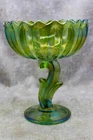 Vintage Indiana Carnival Glass Lotus Blossom Compote Green Iridescent Tulip