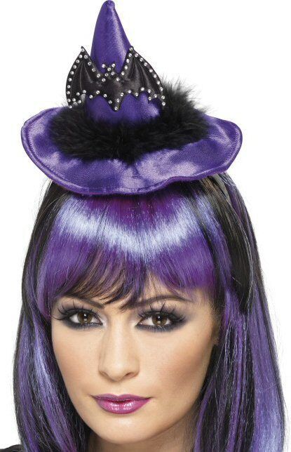 Purple Long Witch Bat Halloween Hat On Headband Fancy Dress