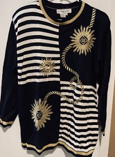 Vintage 80s Outlander Glitter Gold Navy Sweater Women's Size L Large Nautical