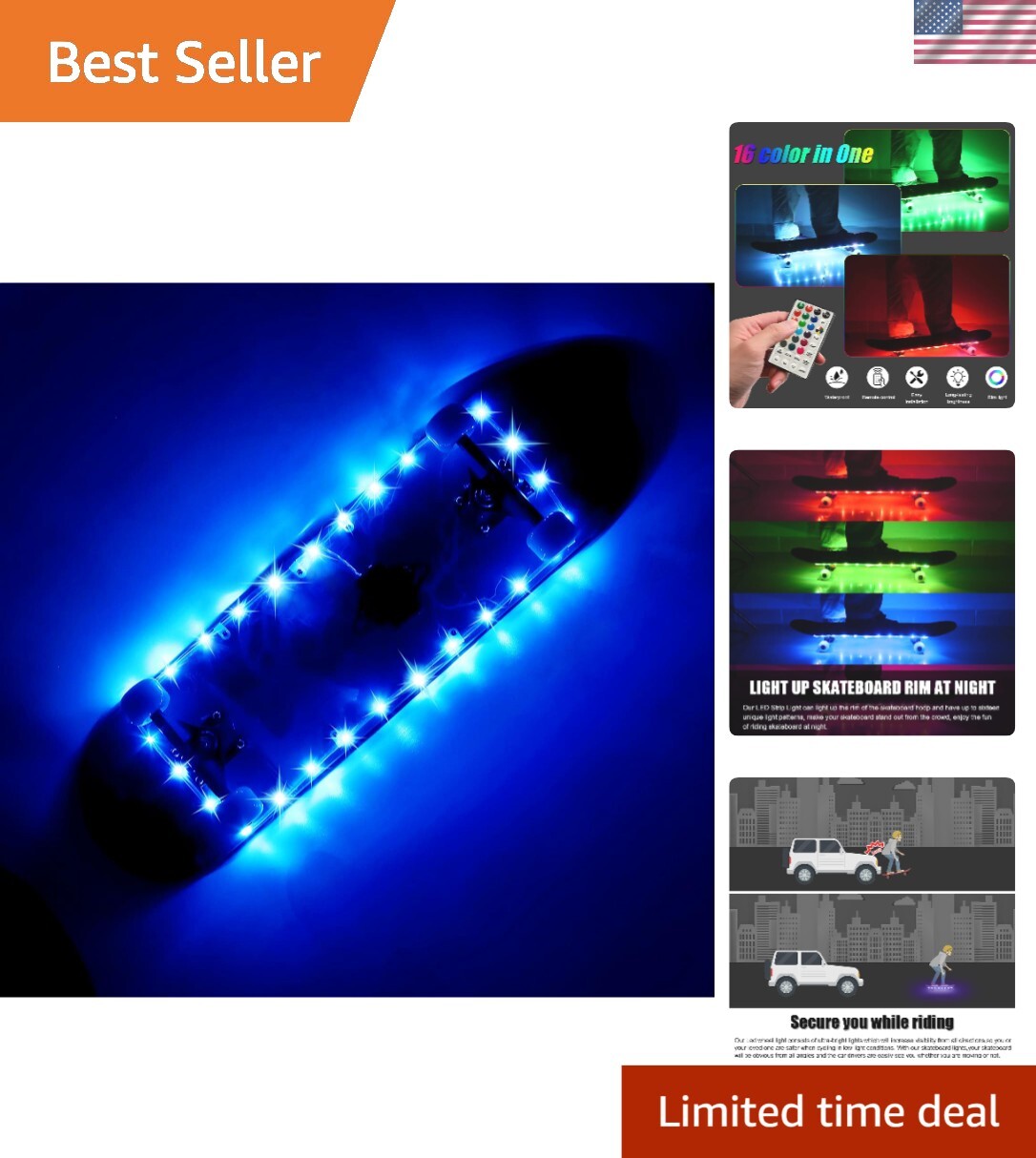 Multicolor LED Light for Skateboards - Easy Install & Safe