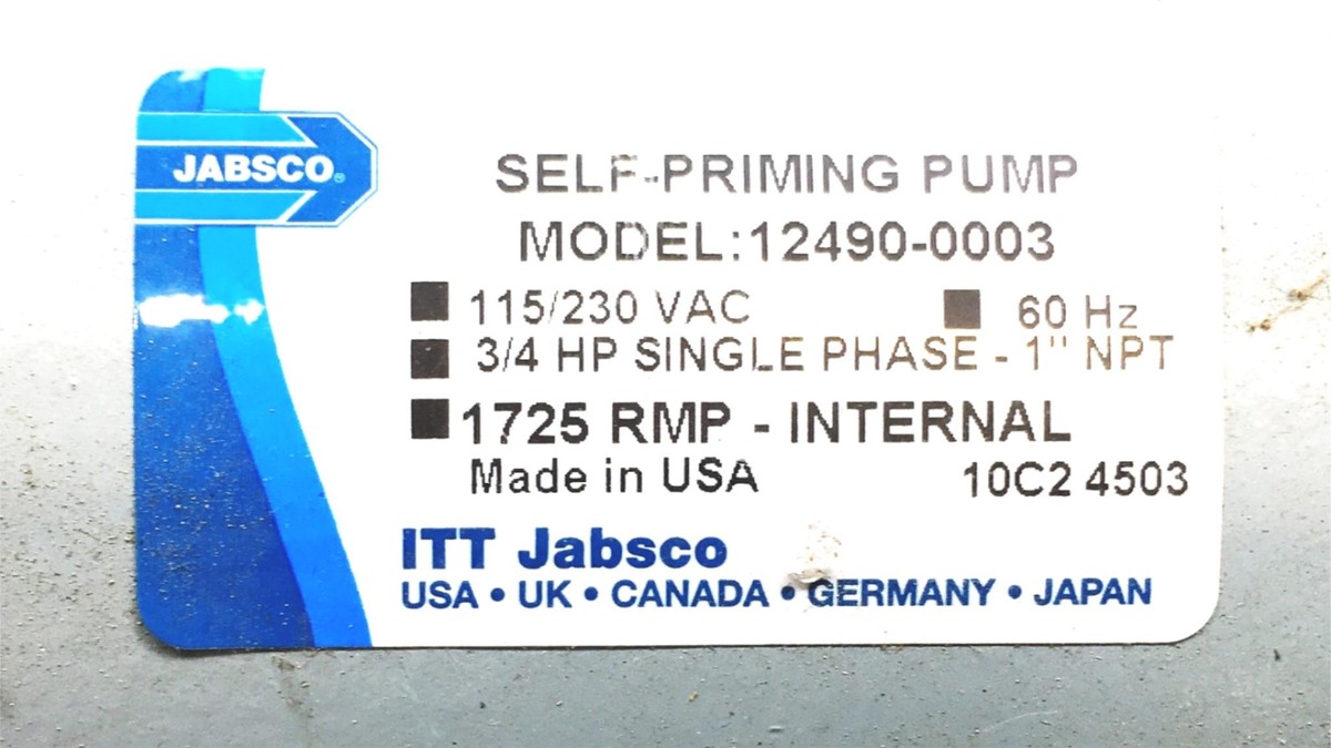 Pompe Auto-amorçante Jabsco 12490-0001 Neuve - 115V, 60 Hz, 3/4 HP, Raccord 1" NPT