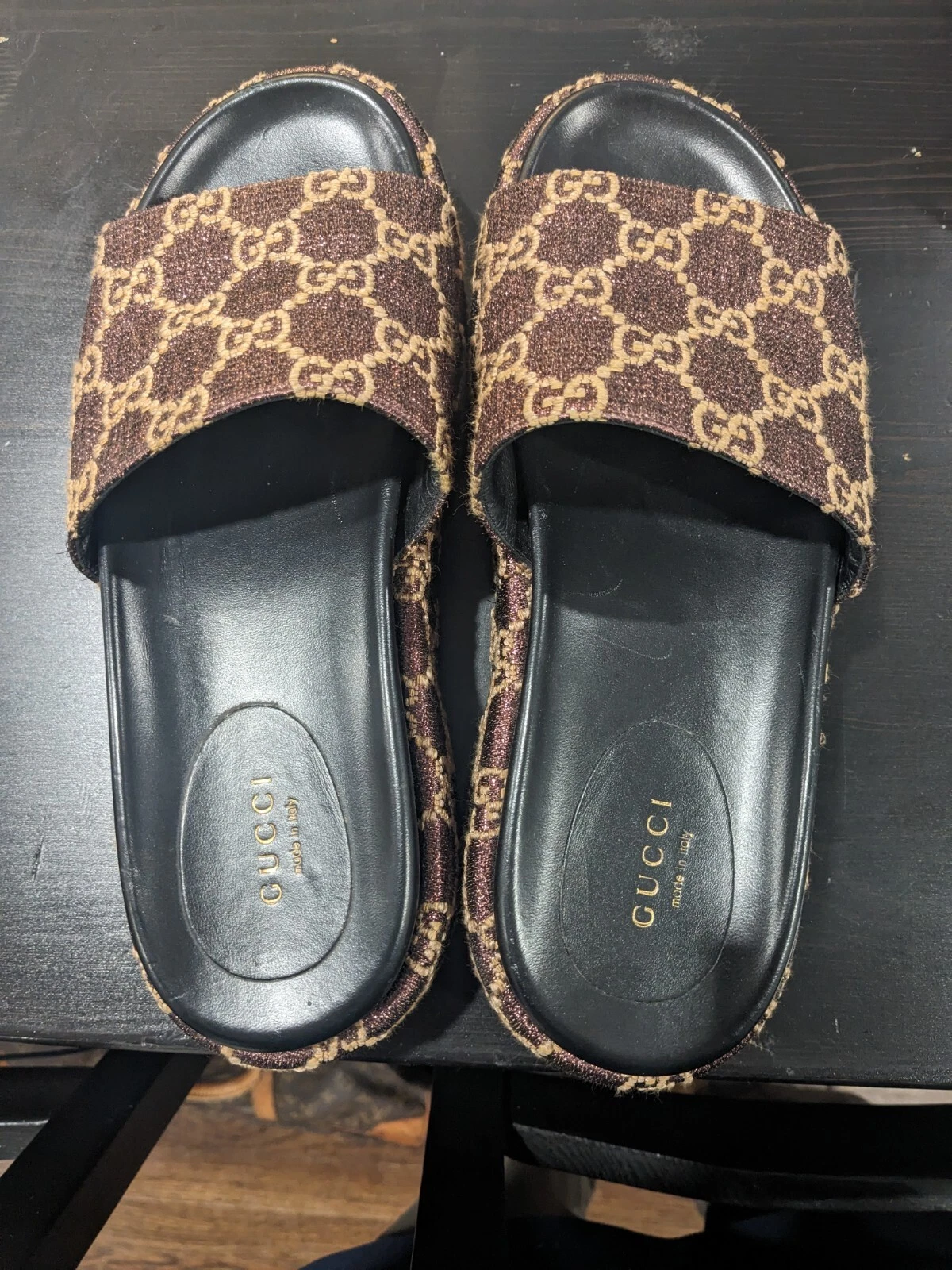 Gucci — Gucci Beige/Burgundy GG Lurex Fabric Platform Slide Sandals Size 38 1/2