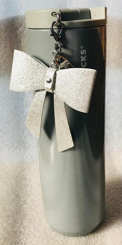 STARBUCKS 2023 Tumbler Grey Silver bow keychain holiday 16 OZ NWT