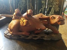 VINTAGE CHINESE CARVED WOOD FIGURE WATER BUFFALO OX WITH 2 BOYS ON BACK 10" LONG