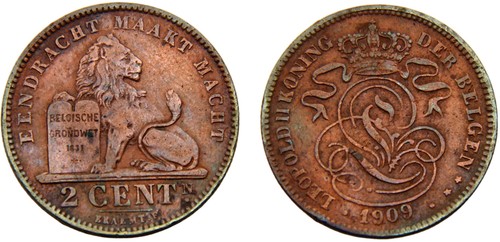 Belgium 1909 2 Centimes Copper AU
