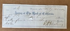1884 Agency Bank of California Virginia City Nevada NV Bank Check Keating Mining