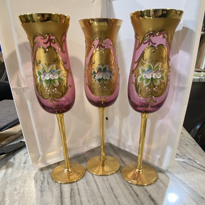 3pc Art Deco Floral Champagne Flutes, Pink & Gold Decorated Glass, 30ml