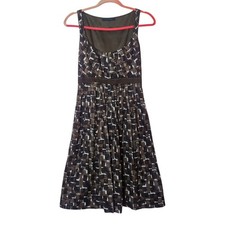 Elie Tahari Brown Geometric Pleated Empire Waist Brushed Cotton Dress 4 Twee Y2K