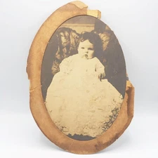 Sepia Photograph Oval Baby In White Gown